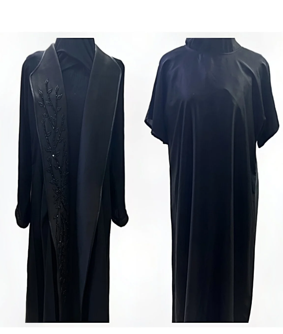 Bl-4	Luxury Black Beaded Coat-Style Abaya with Inner Dress Set	Black