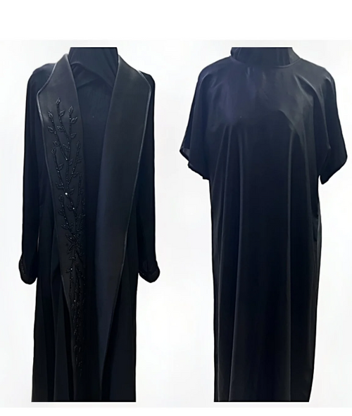 Bl-4	Luxury Black Beaded Coat-Style Abaya with Inner Dress Set	Black