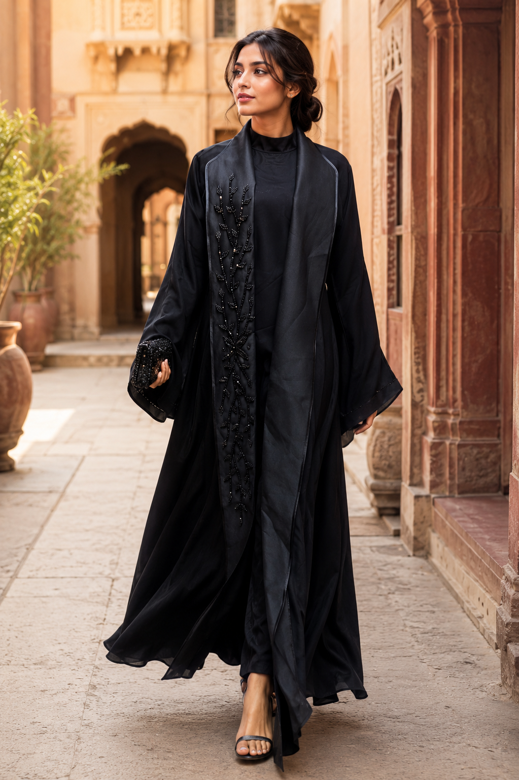 Bl-4	Luxury Black Beaded Coat-Style Abaya with Inner Dress Set	Black