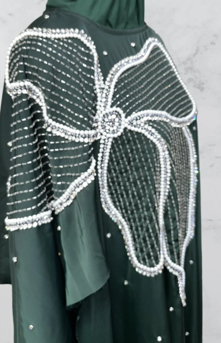 Gr-1	Elegant Stone-Embellished Emerald Green Abaya Evening Dress