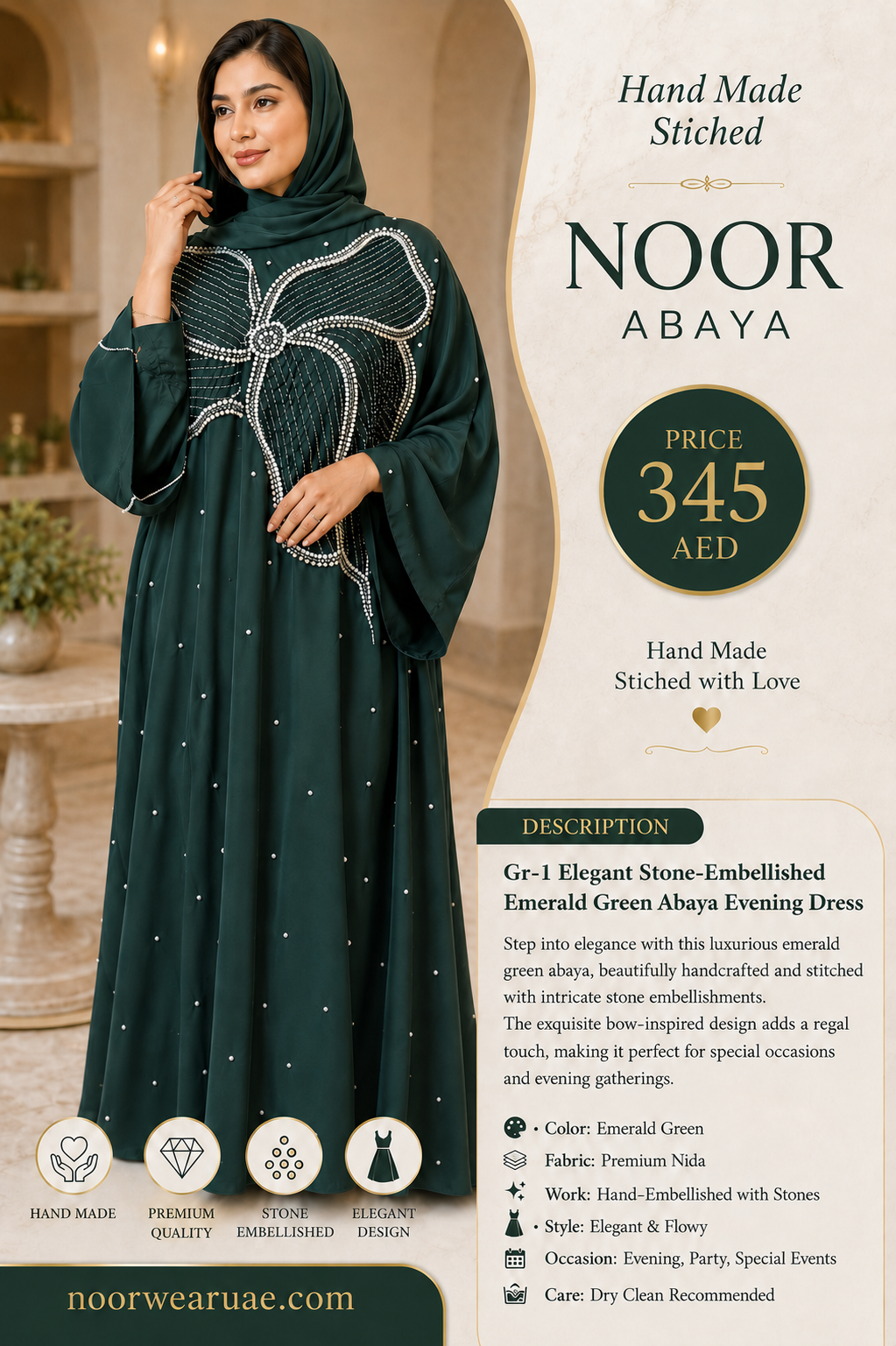 Gr-1	Elegant Stone-Embellished Emerald Green Abaya Evening Dress